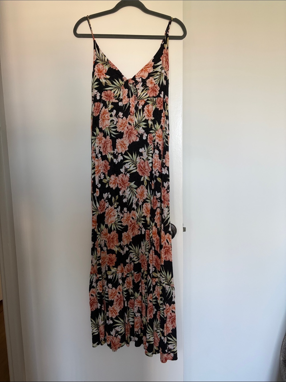 Tropical Floral Spaghetti-Strap Maxi Dress - Black with Coral Floral